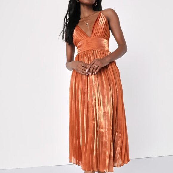 Lulus Romantic Aesthetic Shiny Rust Orange Pleated Midi Dress - Size L - Picture 1 of 2